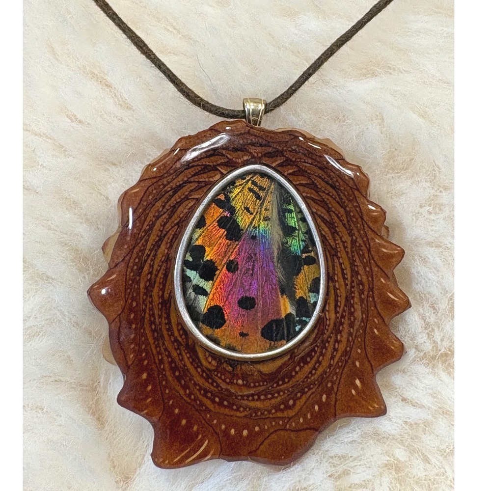 Third Eye Pinecone Pendant Sunset Moth Butterfly Wing Om Resin Necklace Sterling
